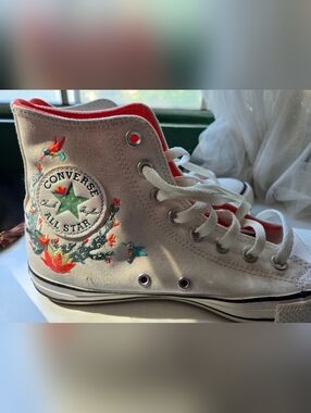 Converse White High Top Sneakers with Red and Teal Embroidered Flowers 8.5